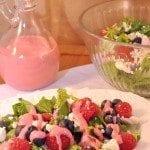 Front view of red, white, and blue garden salad.