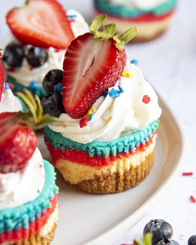 Layered red white and blue mini cheesecakes topped with whipped cream and a strawberry and blueberry on a white plate.