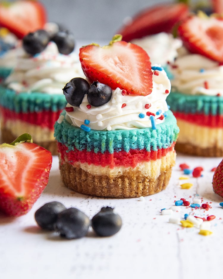 A layered red white and blue mini cheesecake with whipped cream, and a strawberry and 2 blueberries on top.