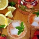 Above view for strawberry grapefruit minty infused water in glasses.