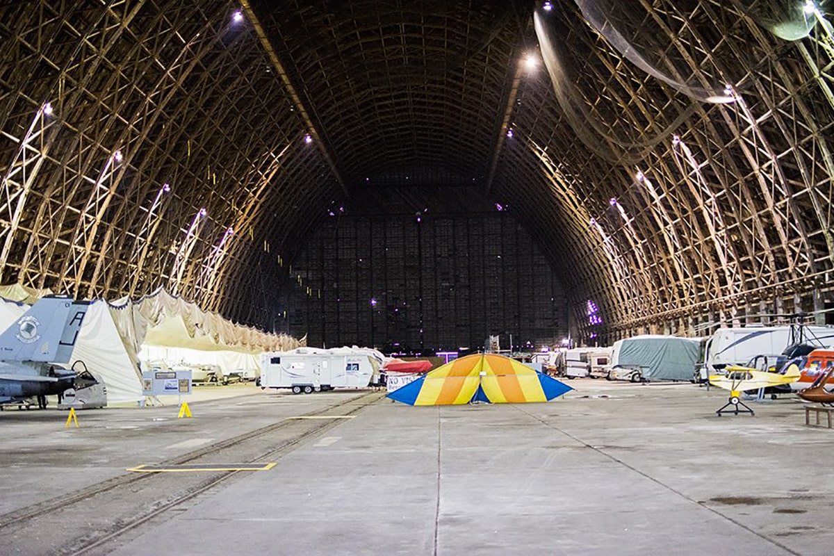 The inside of a wooden hangar. 