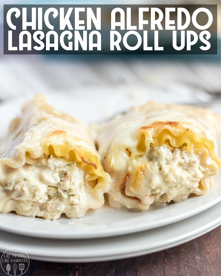 Side image of two chicken alfredo lasagna roll ups on a white plate with filling visible and title card.