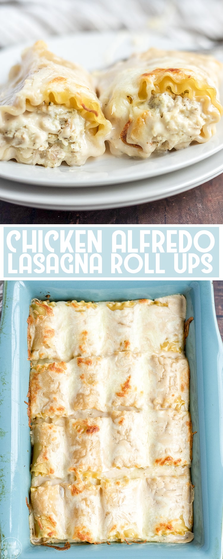 2 image collage of chicken alfredo lasagna roll ups with a close up and an above shot with title card.