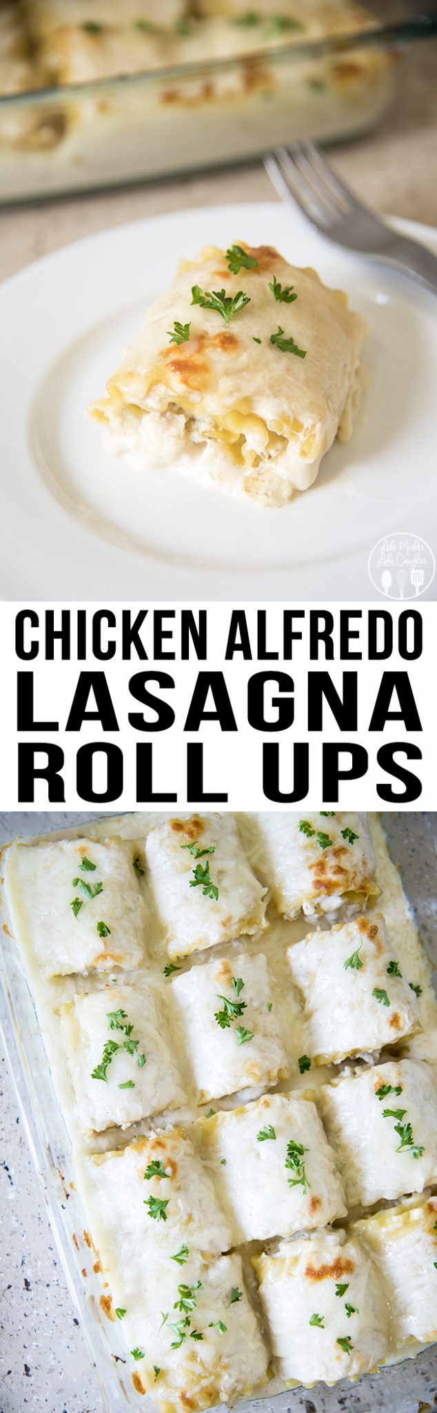 2 image collage of chicken alfredo roll ups split with a title card of the same description.