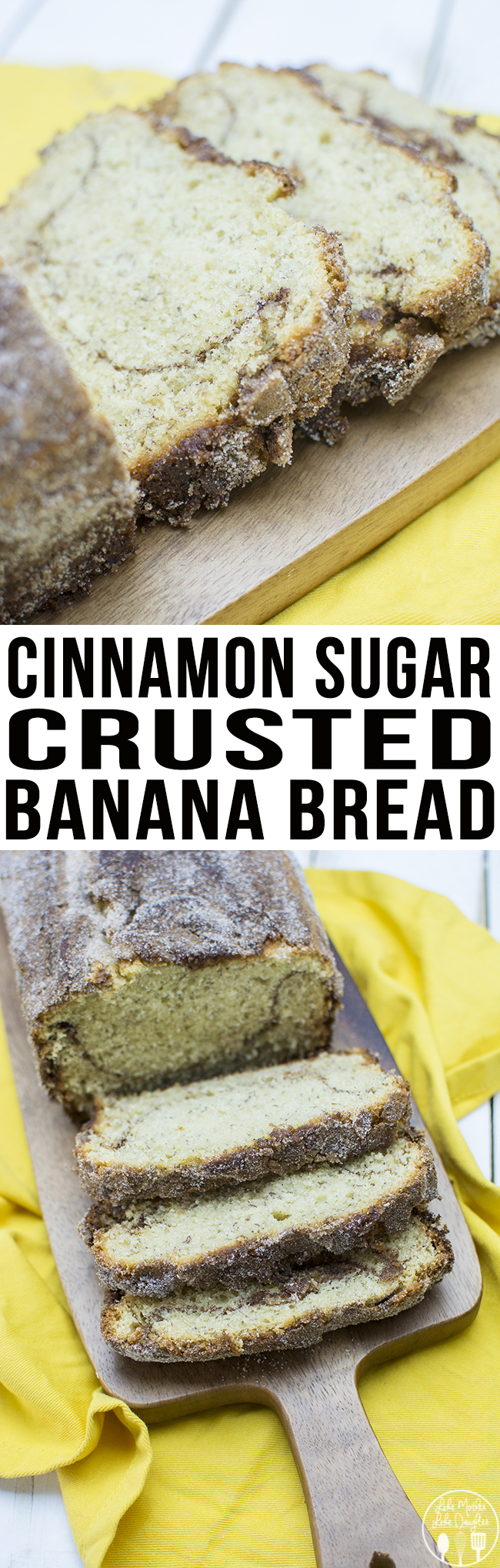 Title card for cinnamon sugar crusted banana bread with text.