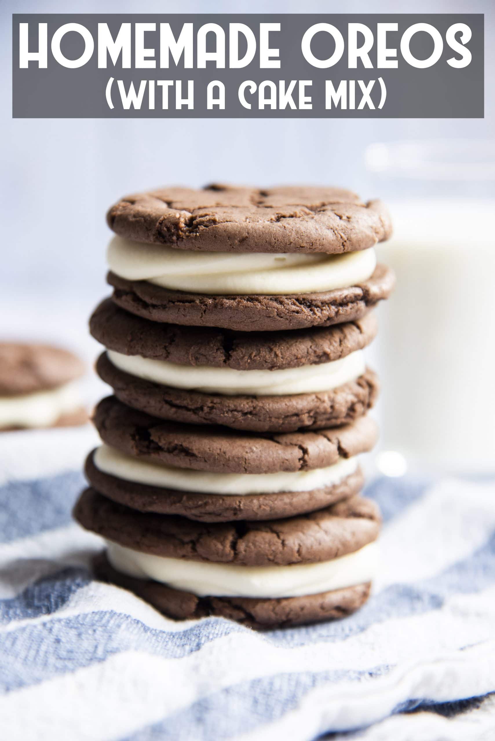 Side shot of stacked home made oreos with title card.