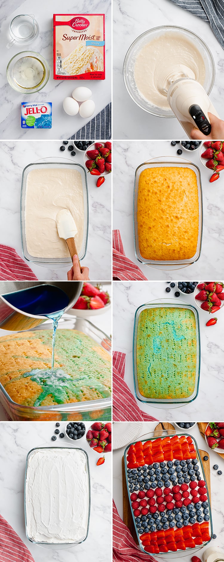 Step by step photos of a blue jello poke cake being made