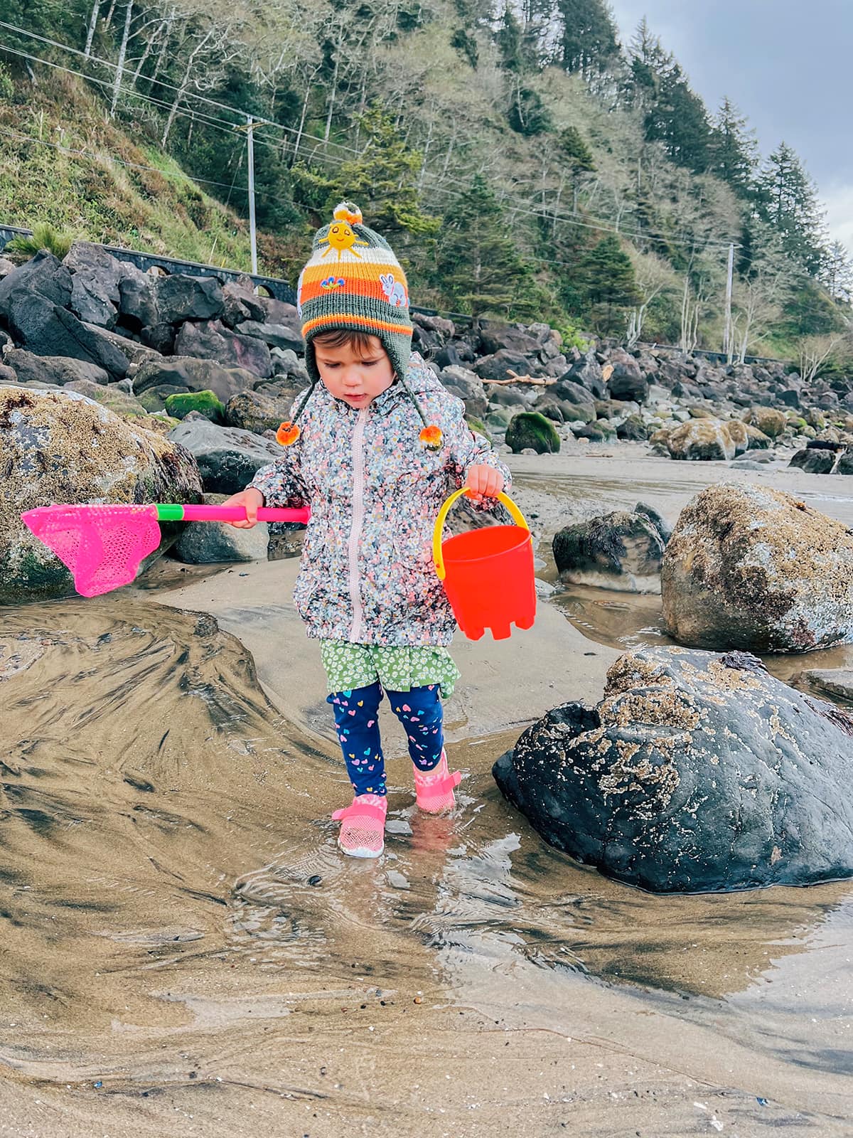 A little girl walking in water at tide pools.