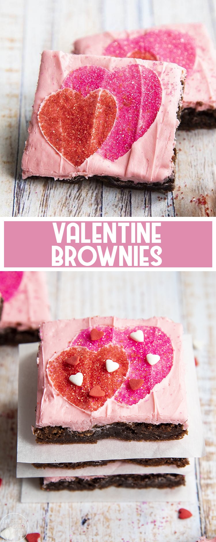 Valentine Brownies are a super easy and fun brownie topped with pink frosting and a heart pattern made with sprinkles!