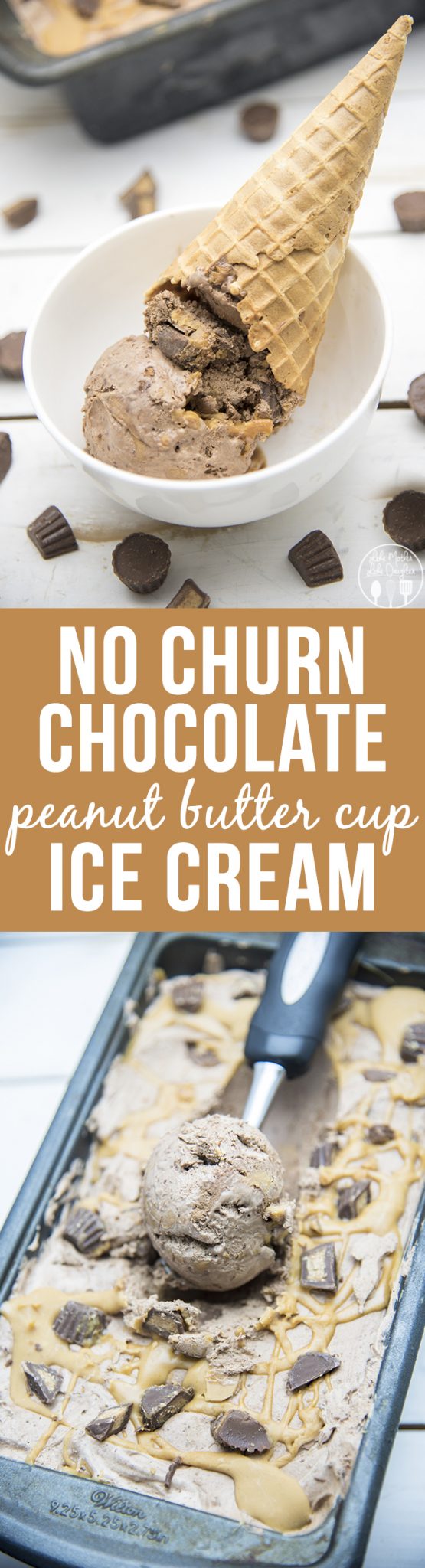 Title card for no churn chocolate peanut butter ice cream with text.