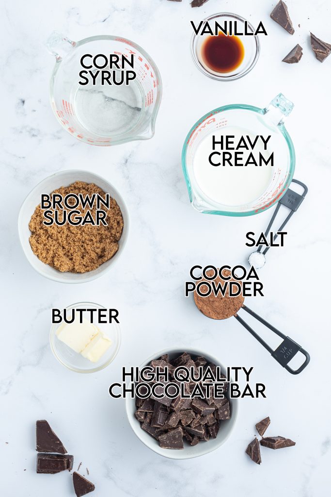 The ingredients needed to make hot fudge sauce, with text over each labeling them.