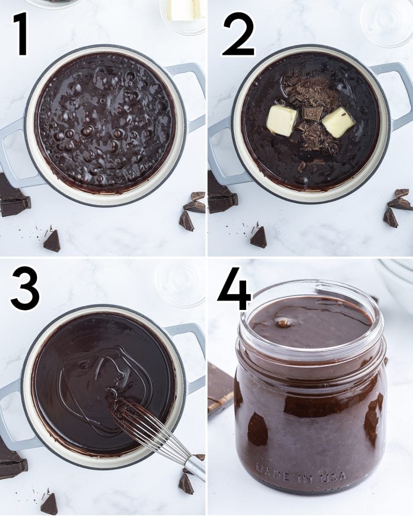 A collage of four photos showing the steps of how to make homemade hot fudge sauce.