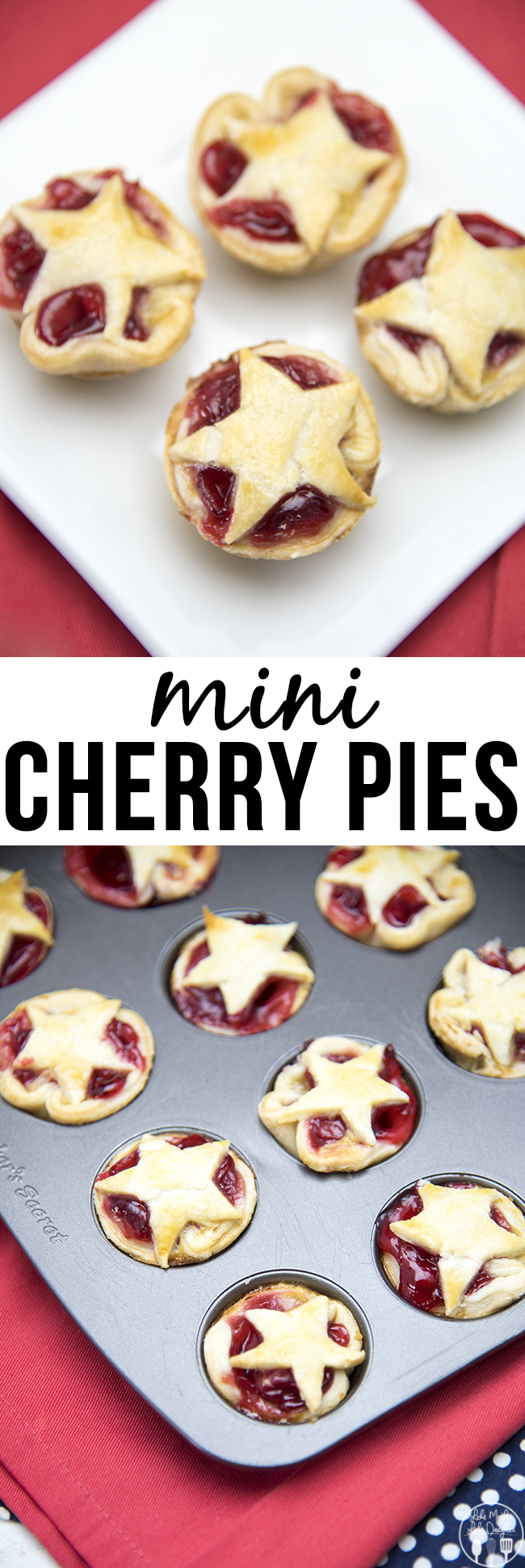 A collage of two photos of mini cherry pies with a text block between them.