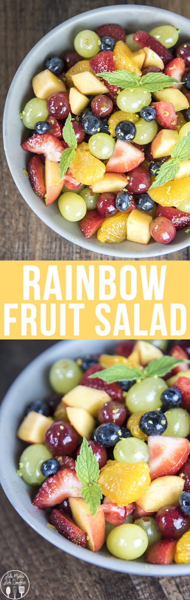 Title card for rainbow fruit salad with text.