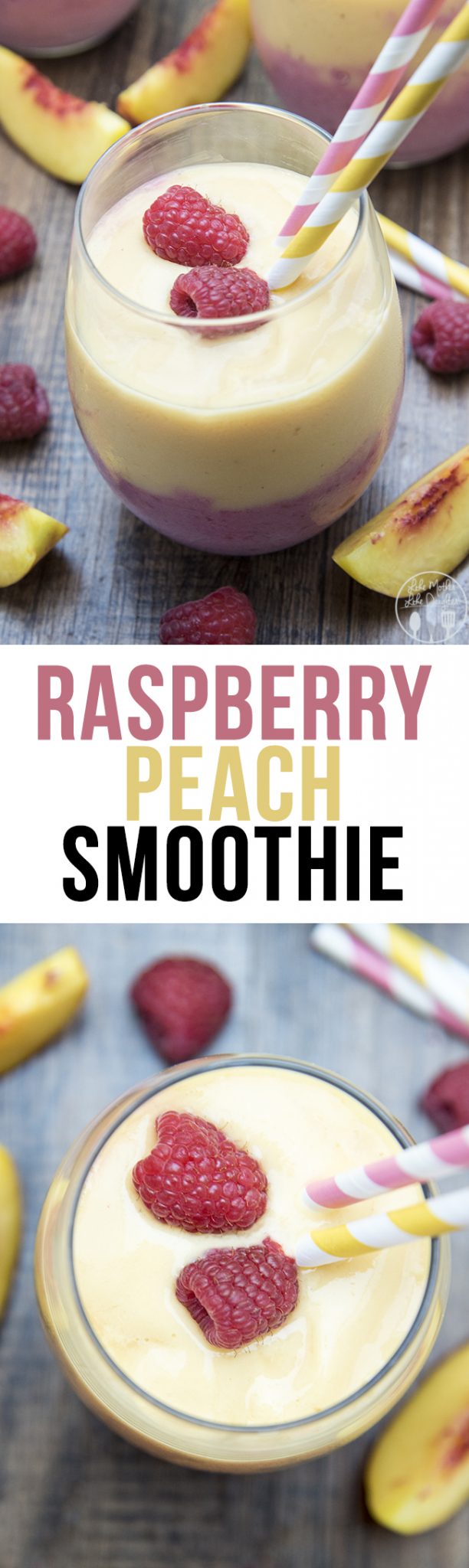 Title card for raspberry peach smoothie with text.