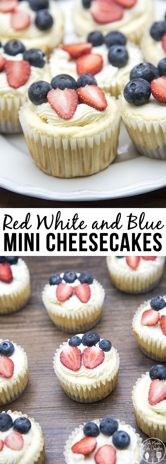 A collage of mini cheesecakes topped with strawberries and blueberries.