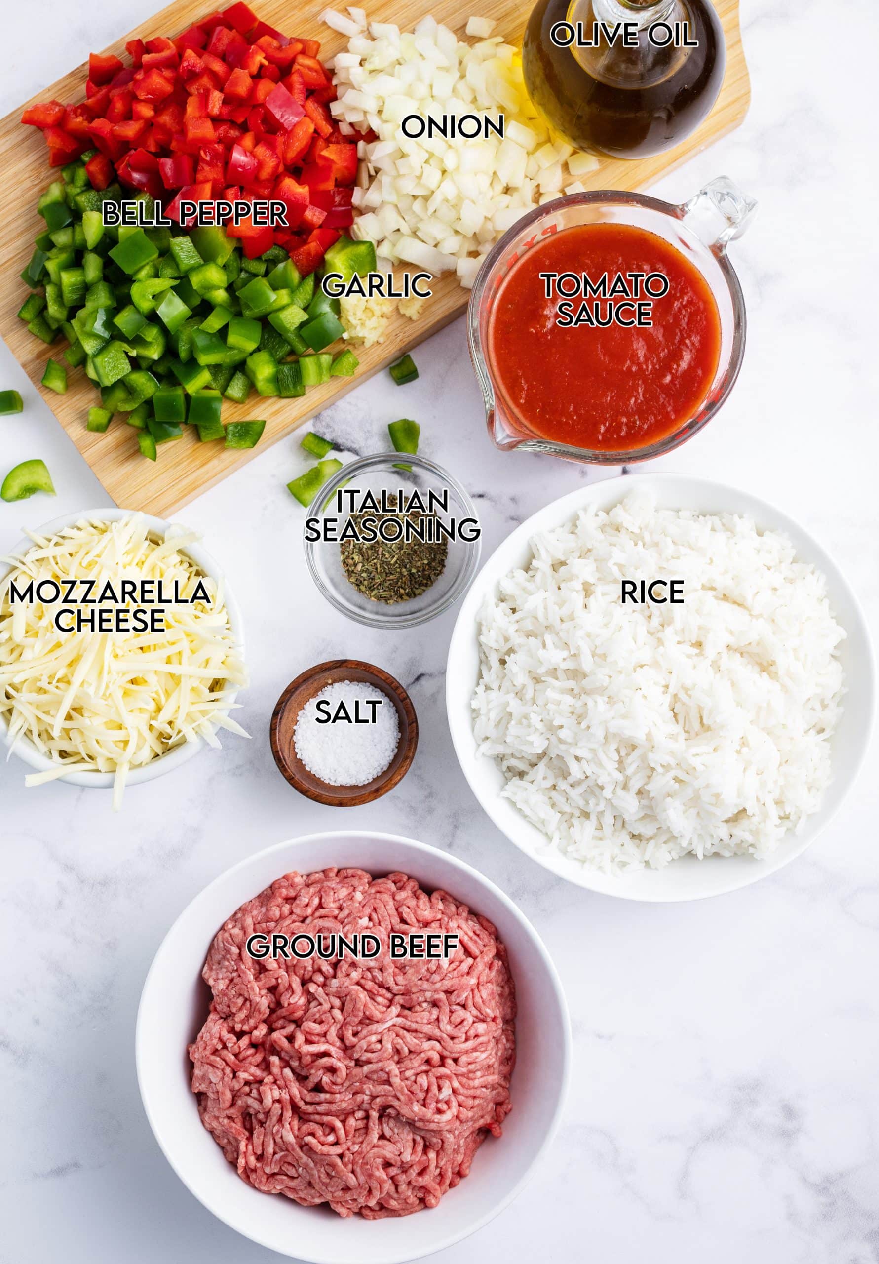 The 10 ingredients needed to make stuffed pepper casserole.