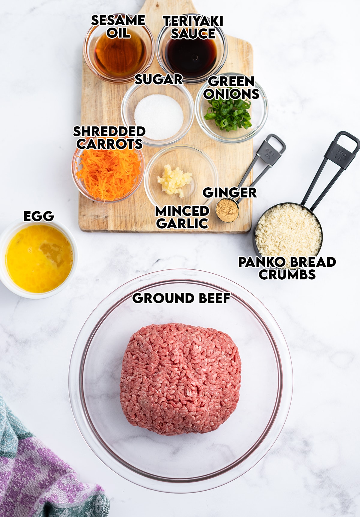 The ingredients needed to make beef teriyaki meatballs.
