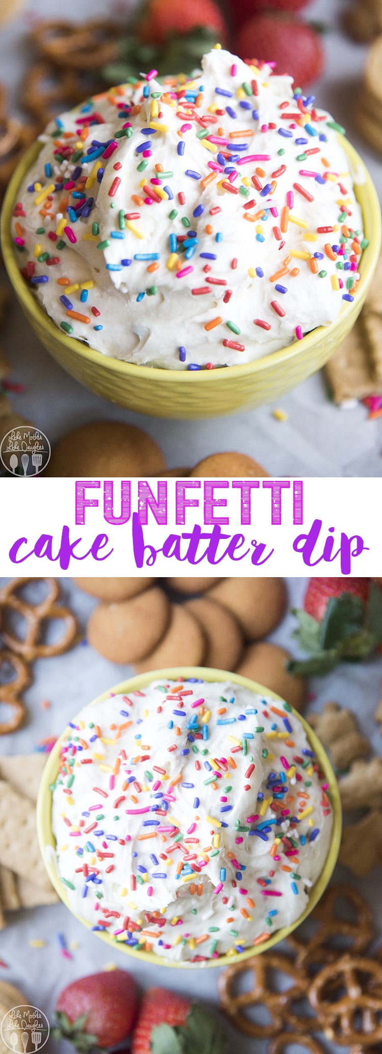 A collage of two photos of cake batter dip with a text block in the middle. 