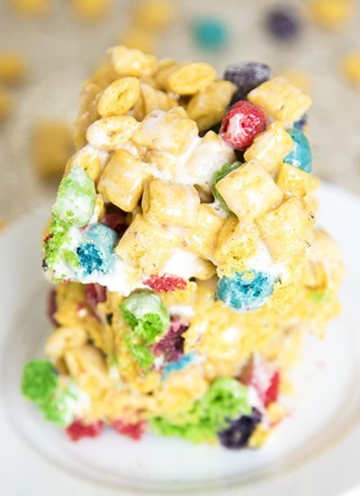 Angled view of captain crunch marshmallow crispies on a white plate.