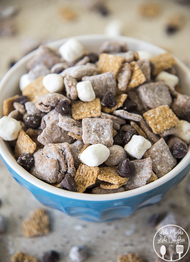 s'mores recipes blue bowl of golden grahams, marshmallows and peanut butter, muddy buddies mix