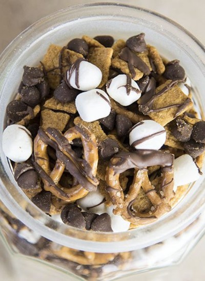 Above view of a smores snack mix in a mason jar.