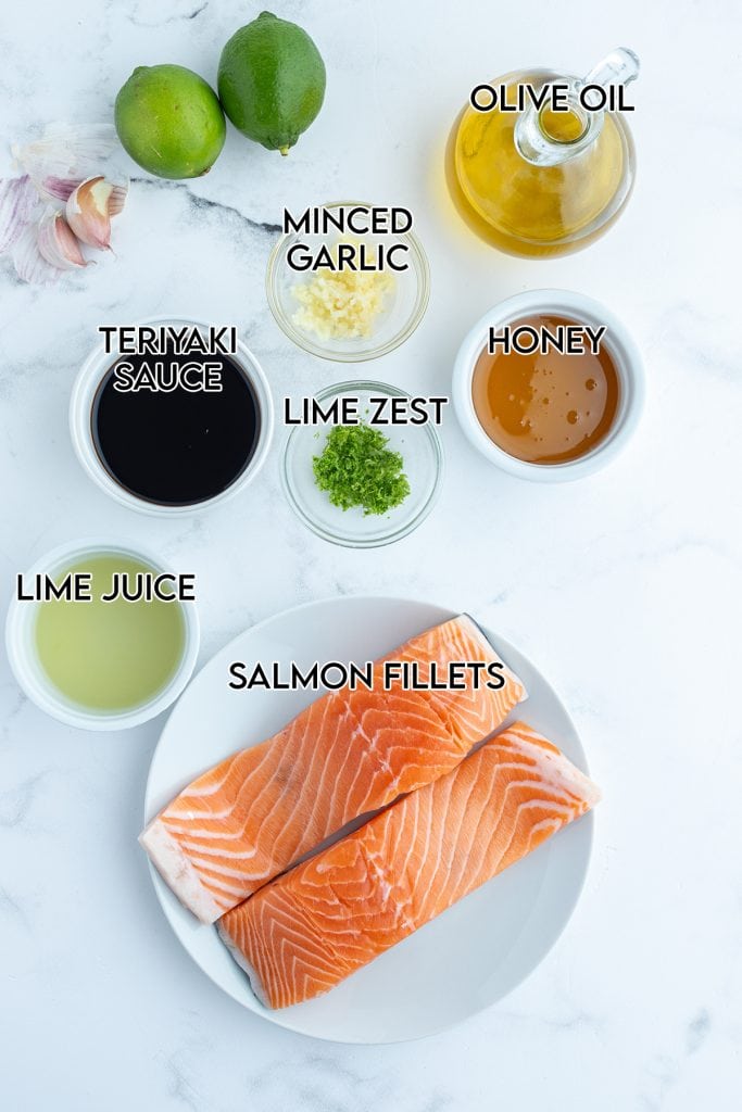 An overhead photo of the ingredients needed to make honey lime salmon.