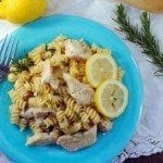 Lemony chicken one pot pasta with no boil pasta and frozen grilled chicken strips, adding a fresh creamy lemon rosemary sauce for family dinner ease