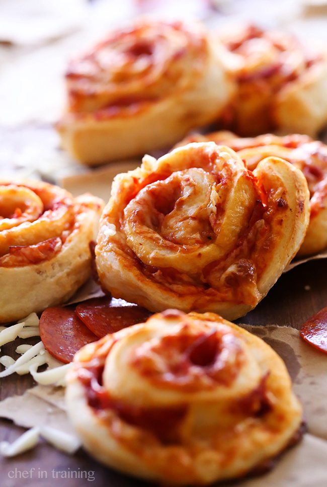 Close up view of pizza roll-ups.