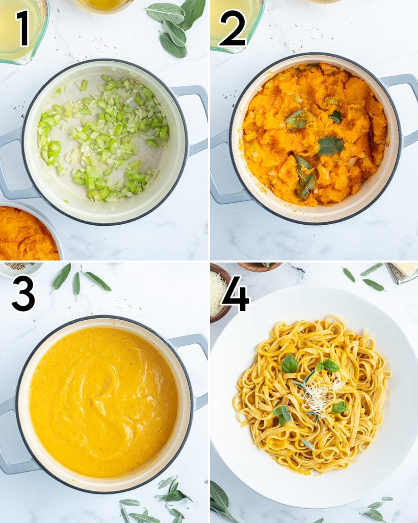 A collage of 4 photos showing how to make butternut squash pasta.