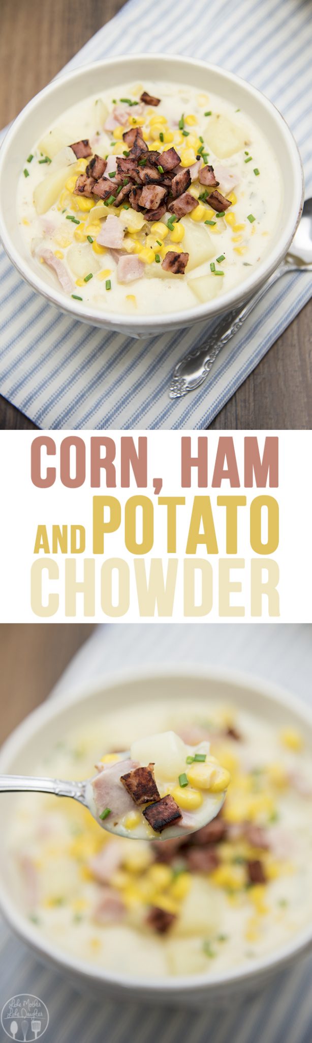 Title card for corn, ham, and potato chowder with text.