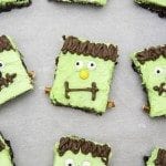 Above view of frankenstein brownies on parchment paper.