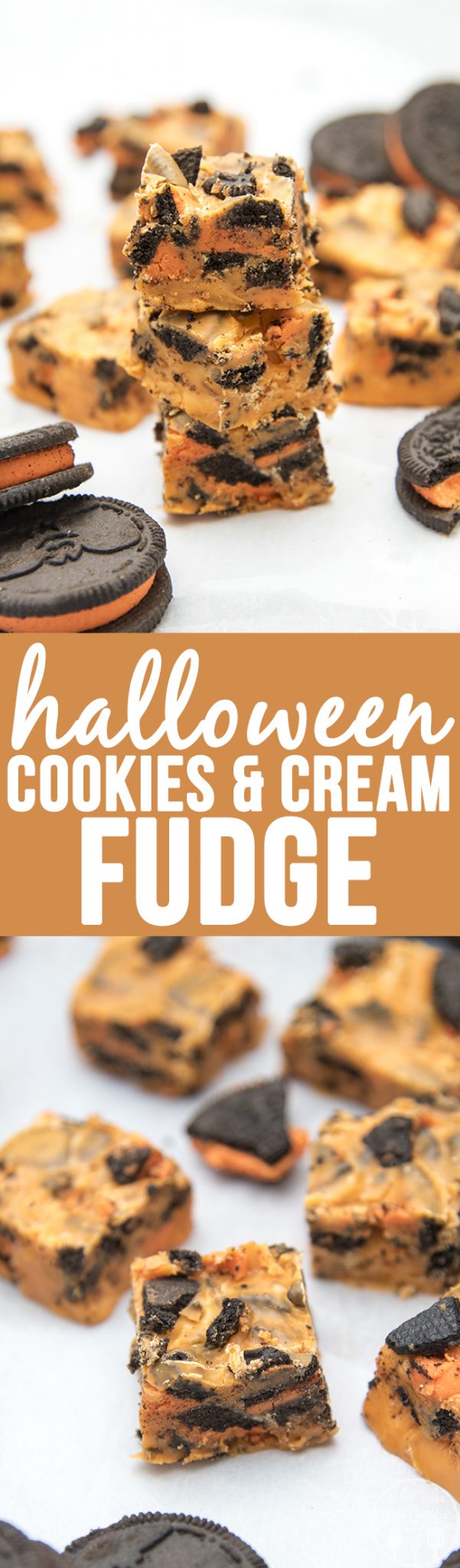 Title card for halloween cookies and cream fudge with text.