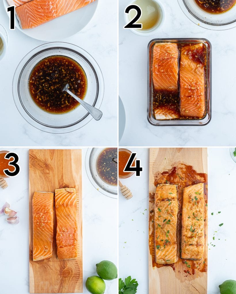 A collage of 4 photos showing how to make honey lime salmon.
