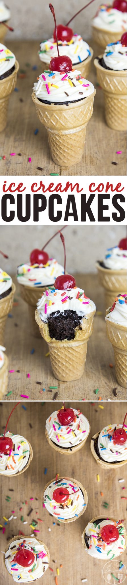 Front view of ice cream cone cupcakes with a cherry on top with a bite taken out.