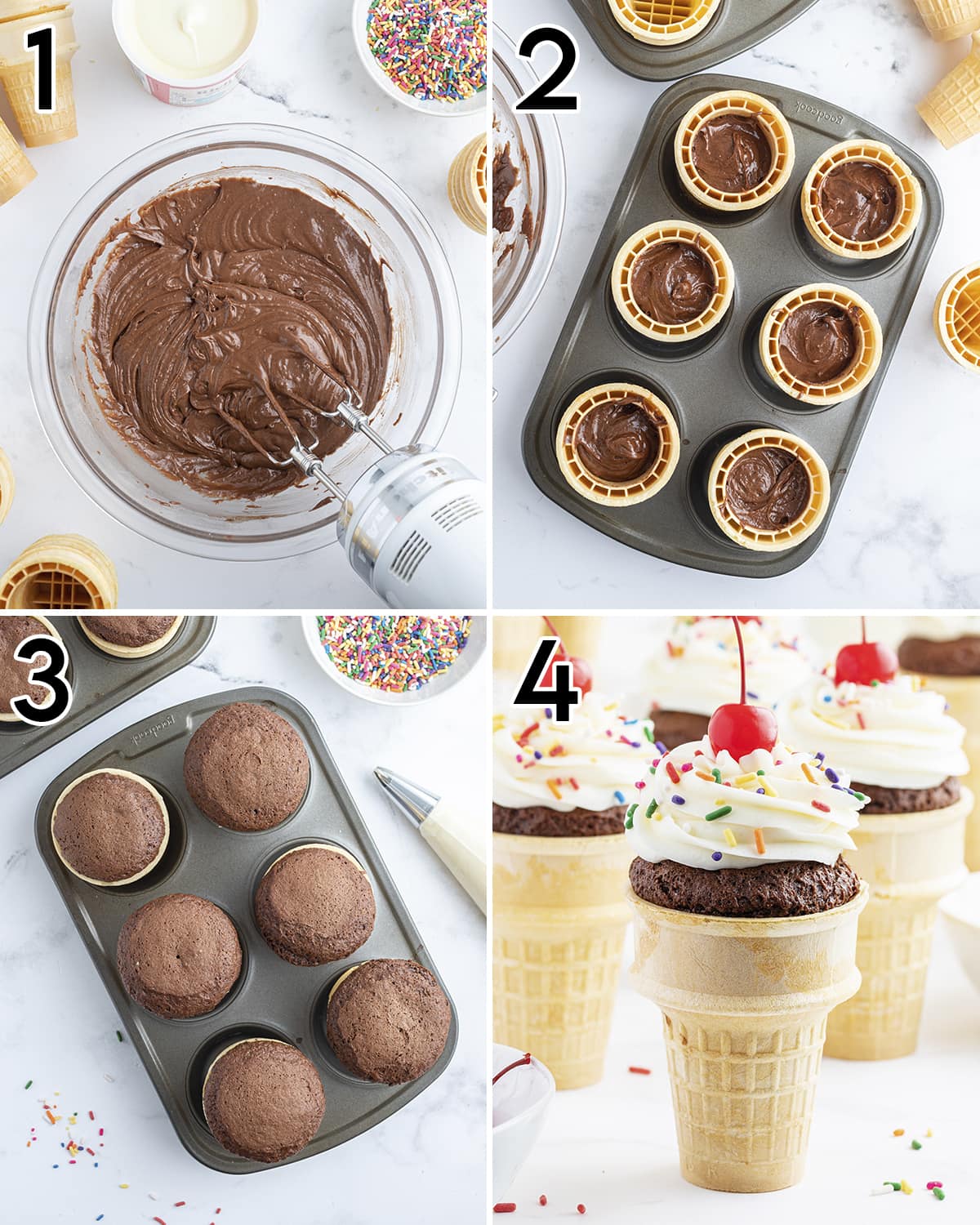 A collage of 4 photos showing the steps of how to make ice cream cone cupcakes.
