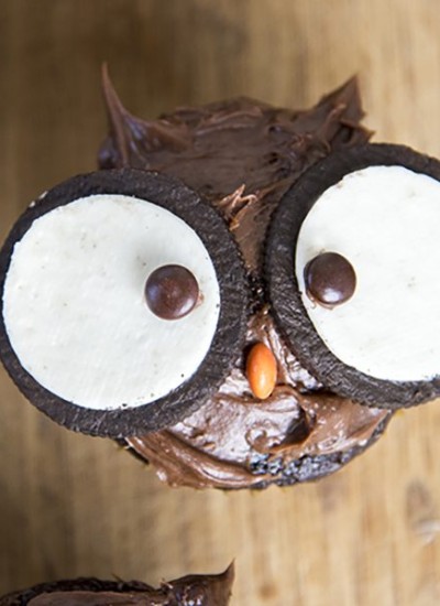 Above view of an owl cupcake with oreo and candy eyes on a wood board.