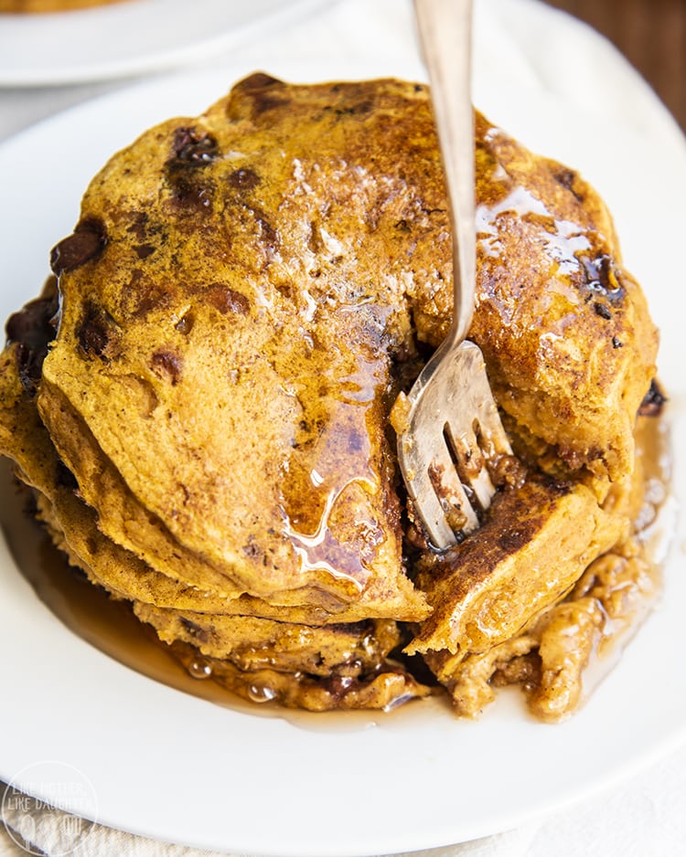 Pumpkin Pancakes stuffed full of chocolate chips