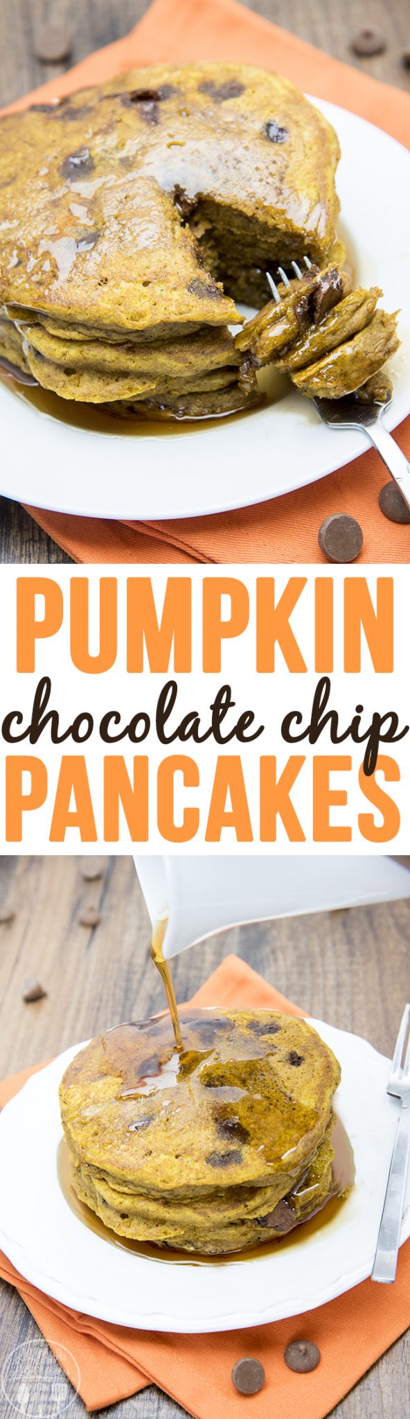 A collage of two photos of pumpkin chocolate chip pancakes with a text block in the middle.