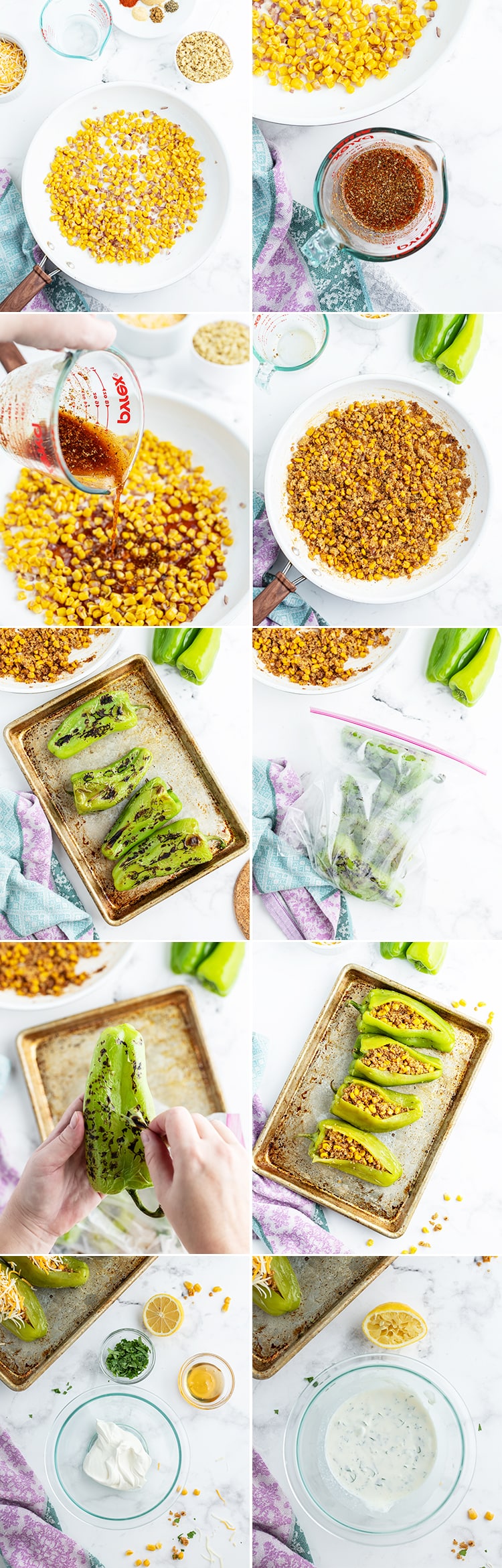 A collage of step by step photos showing how to make stuffed hatch chiles.