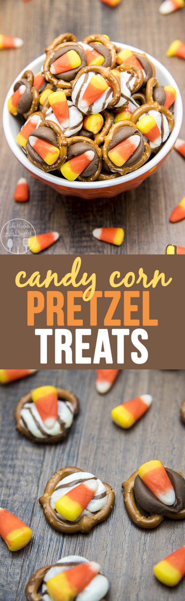 Title card for candy corn pretzel treats with text.