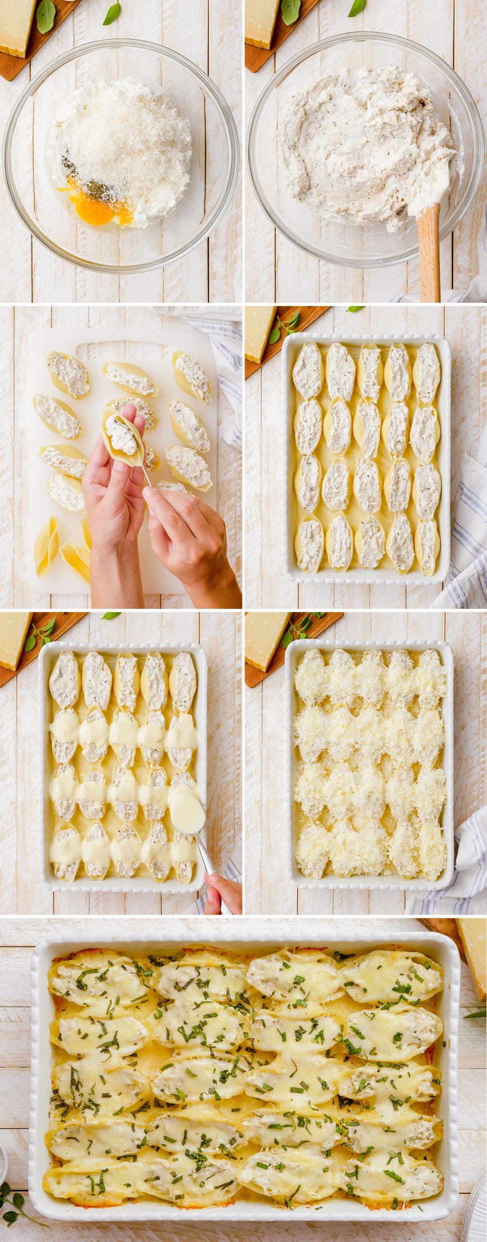 A collage of 9 step by step photos showing how to make chicken alfredo stuffed shells.