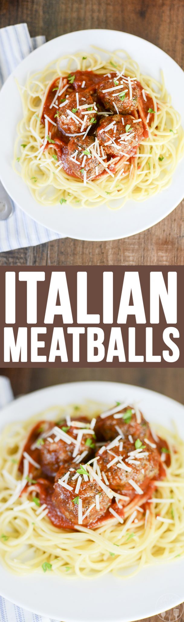 A collage of two photos of homemade Italian meatballs with a text block between them. 