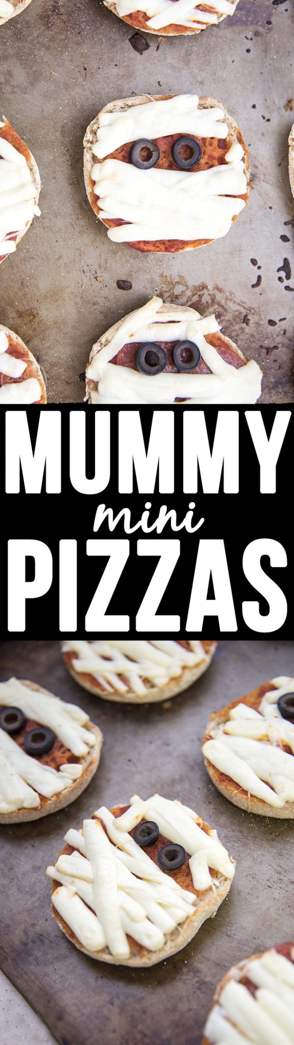 Title card for mummy mini pizzas with text.