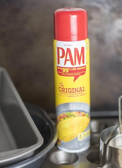 Close up of a pam spray bottle in a kitchen.