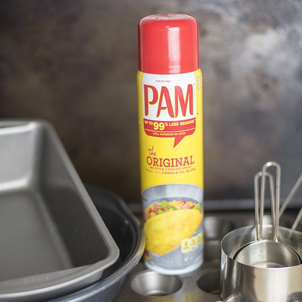 Close up of a pam spray bottle in a kitchen.