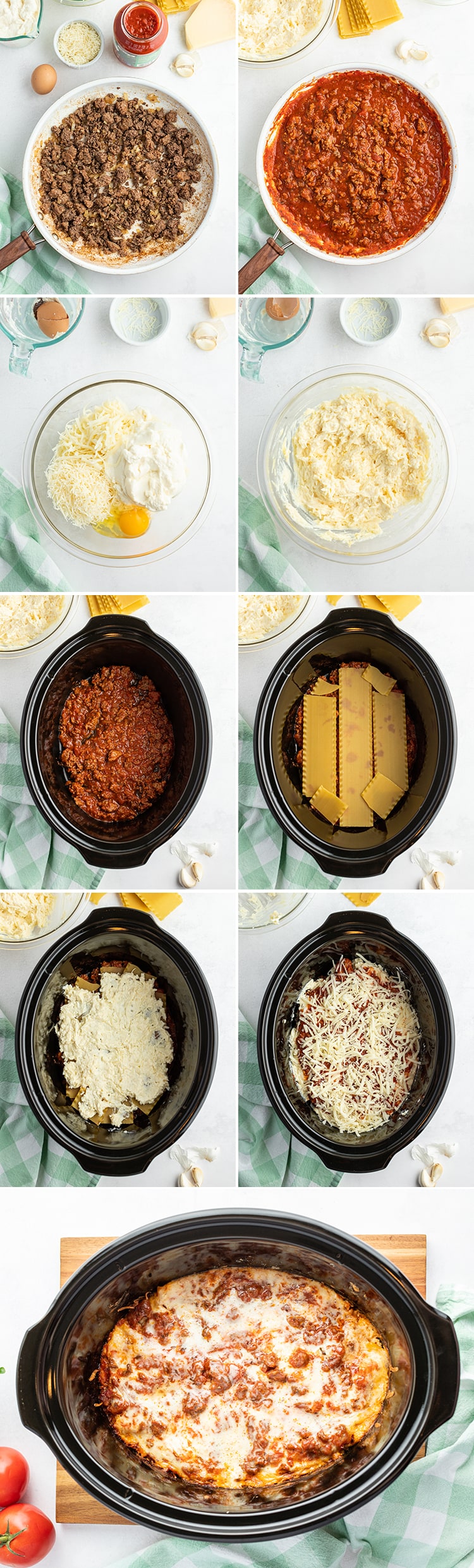 8 step by step photos how to make slow cooker lasagna in a slow cooker.