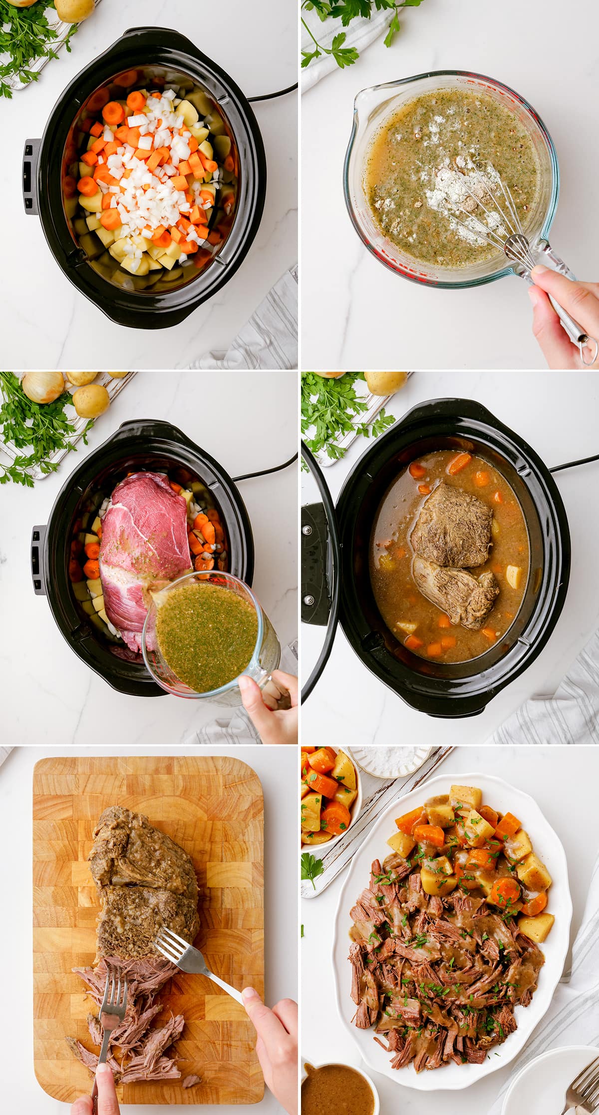 A collage of 6 step by step photos showing how to make a three envelope roast in the slow cooker.