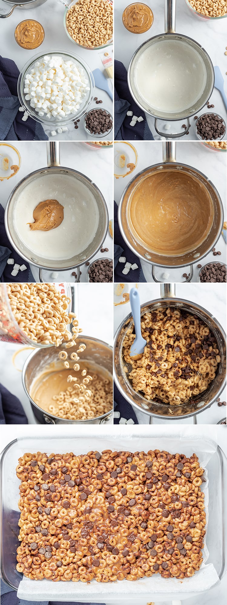 Step by Step photos to make fluffernutter cheerio bars
