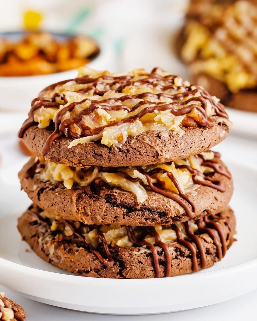 A stack of three German chocolate cake cookies.
